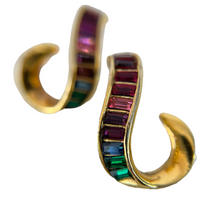 Load image into Gallery viewer, Roman Rainbow Baguette Earrings. Pierced post backing. Gold tone with Multi colored stones. 
