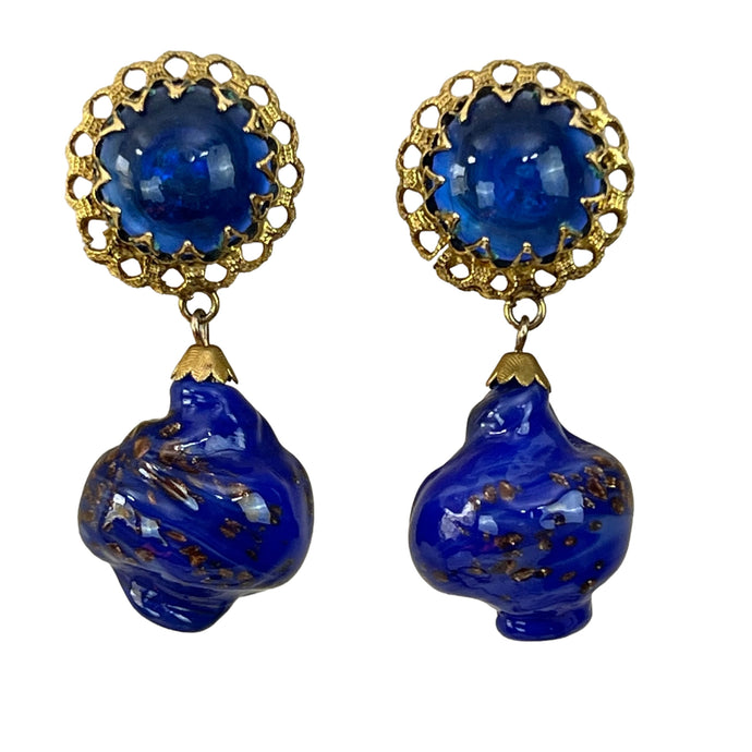 Vintage Cobalt Blue Venetian Glass Dangle Clip on Earrings. These earring feature Gold filigree surrounding a prong set blue cabochon with a dangling Foiled Venetian glass bauble. Clasp and screw closure are strong. Patent number mark shown but illegible.  Excellent vintage condition. Gold is bright and untarnished.  Processed within 1 business day (not included in shipping carrier’s estimated arrival time). Tracking uploaded immediately upon shipment.