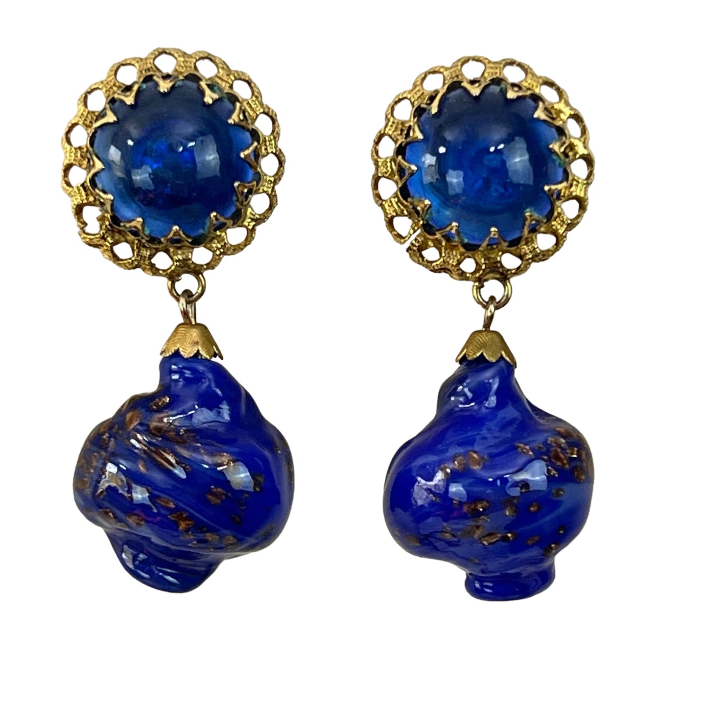 Mid Century Cobalt Blue Foiled Venetian Glass Dangle Clip on Earrings