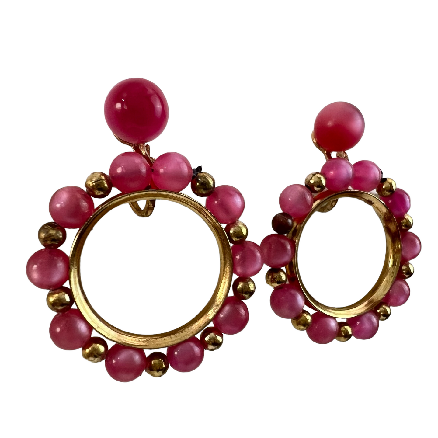 Vintage Gold & Pink Hoop Screw Back Earrings. The pink beads feel like glass. Gold tone metal. 