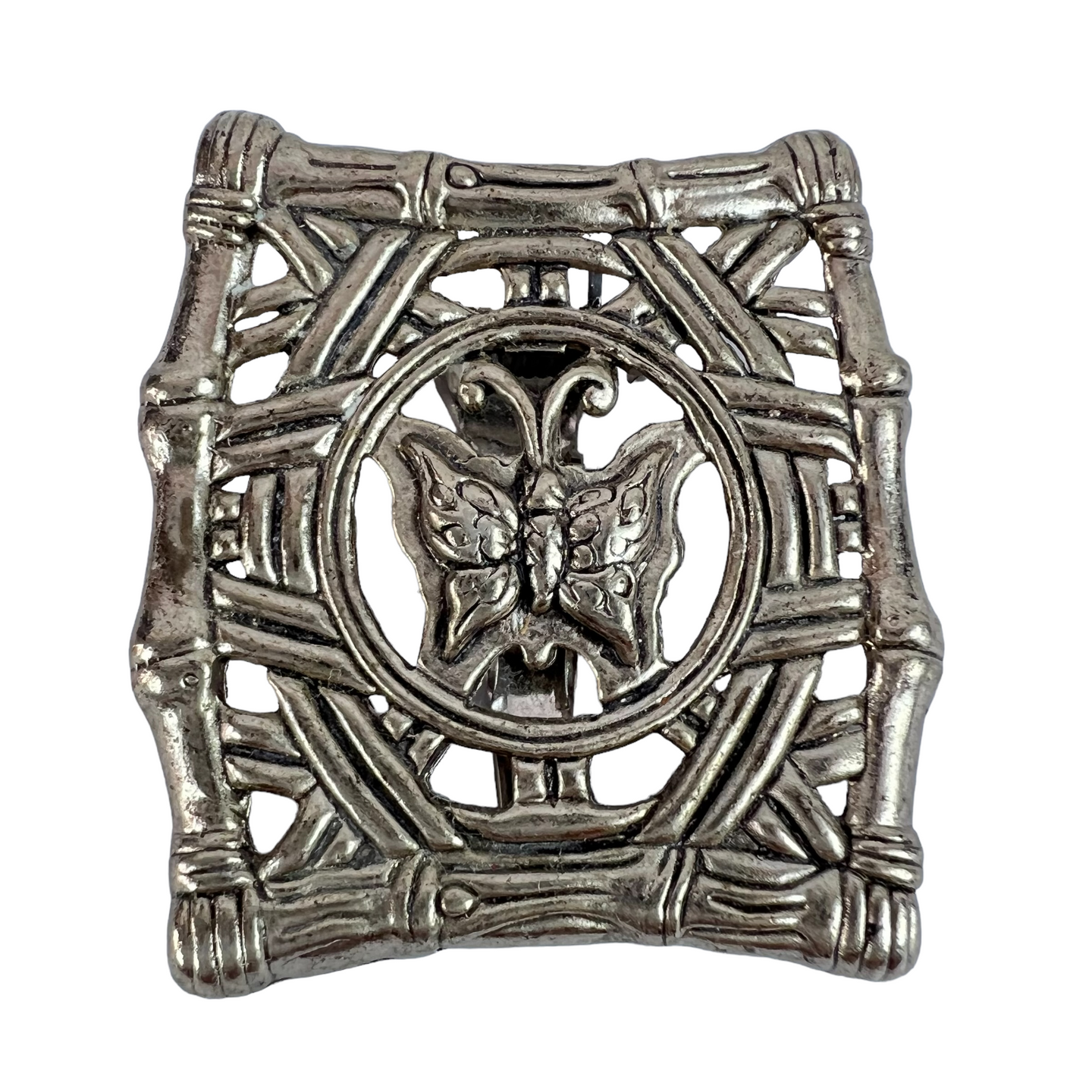 John Hardy Butterfly & Bamboo Square Brooch Clip. Rhodium Plated. 1 3/4