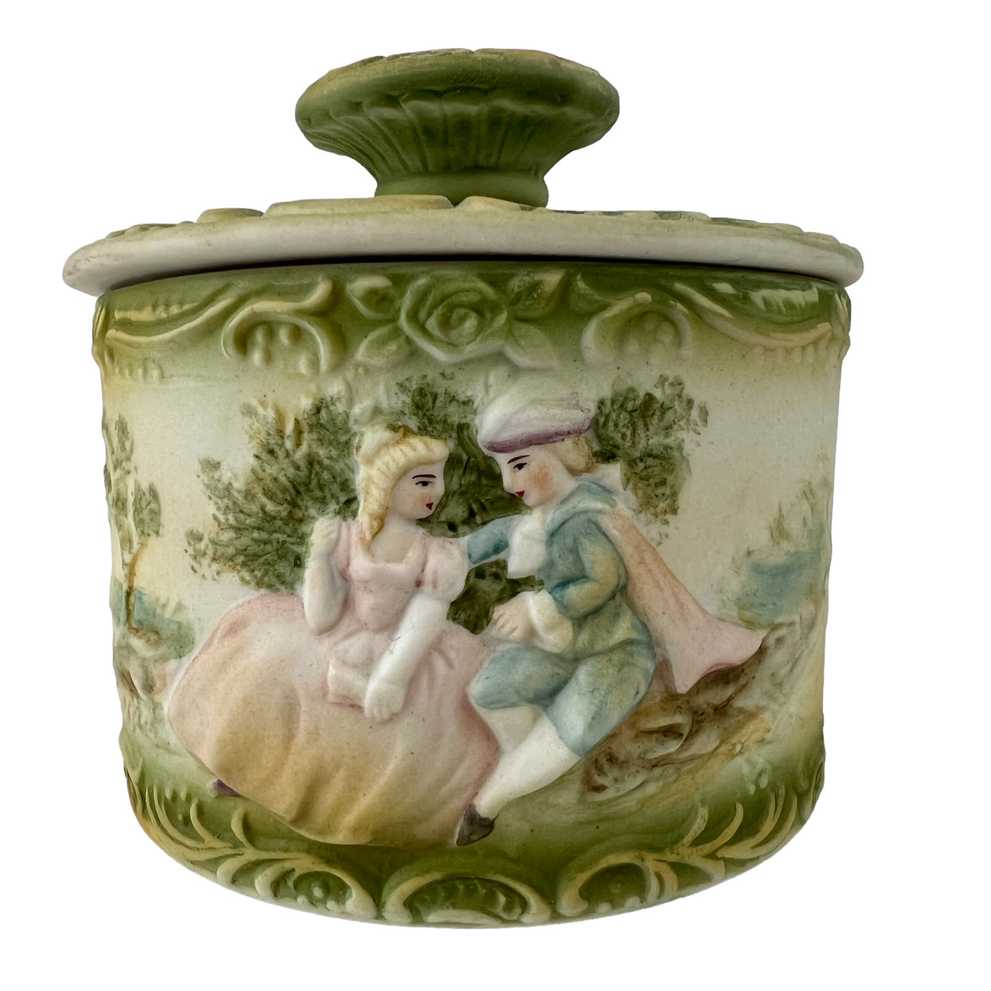 Antique Porcelain Trinket Box with Hand-painted Romantic Couple