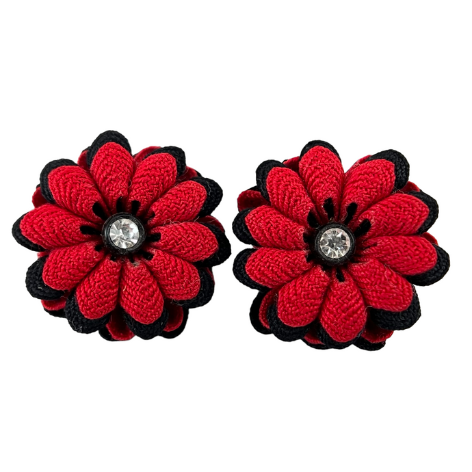 Mid Century Red and Black Ribbon Flower Screw Back Earrings. 1