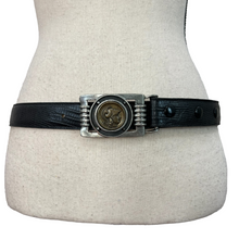 Load image into Gallery viewer, Ben Amun Roman Coin Croc Embossed Black Leather Belt Size Large
