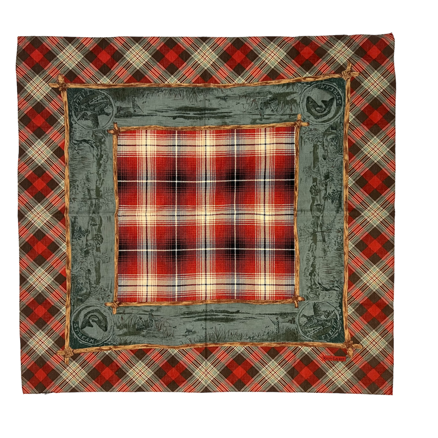 70s Ralph Lauren Square Plaid Scarf. Vintage Field & Stream Scarf. 100% Cotton. Made in Japan.