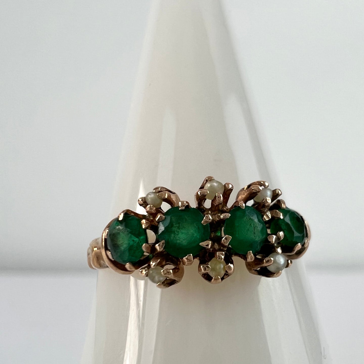 Antique Emerald Ring with Pearls on Gold Band Setting Size 7.5. Antique setting. Perfect Mother's day gift for a mother of four, who love unique and antique jewelry.