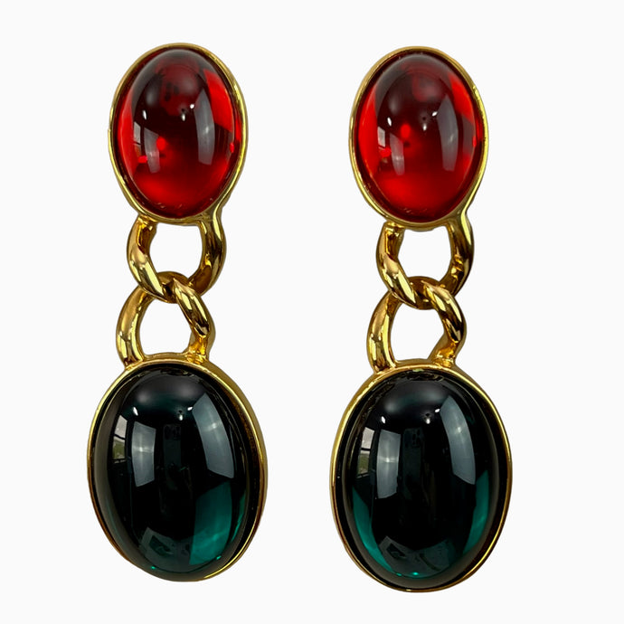 Vintage Kenneth Jay Lane Gold Cabochon Dangle Earrings. Vintage KJL red and green cabochon jelly earrings. Gold tone. 