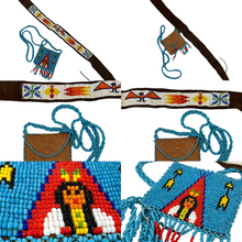 Load image into Gallery viewer, Vintage Campfire Dress. Includes seed bead leather pouch, and seed bead accessory featuring a Thunderbird, (21.5 inches long).  Measurements: Chest 42&quot;, shoulder to hem 48 inches, waste 44 inches, hips 48 inches.
