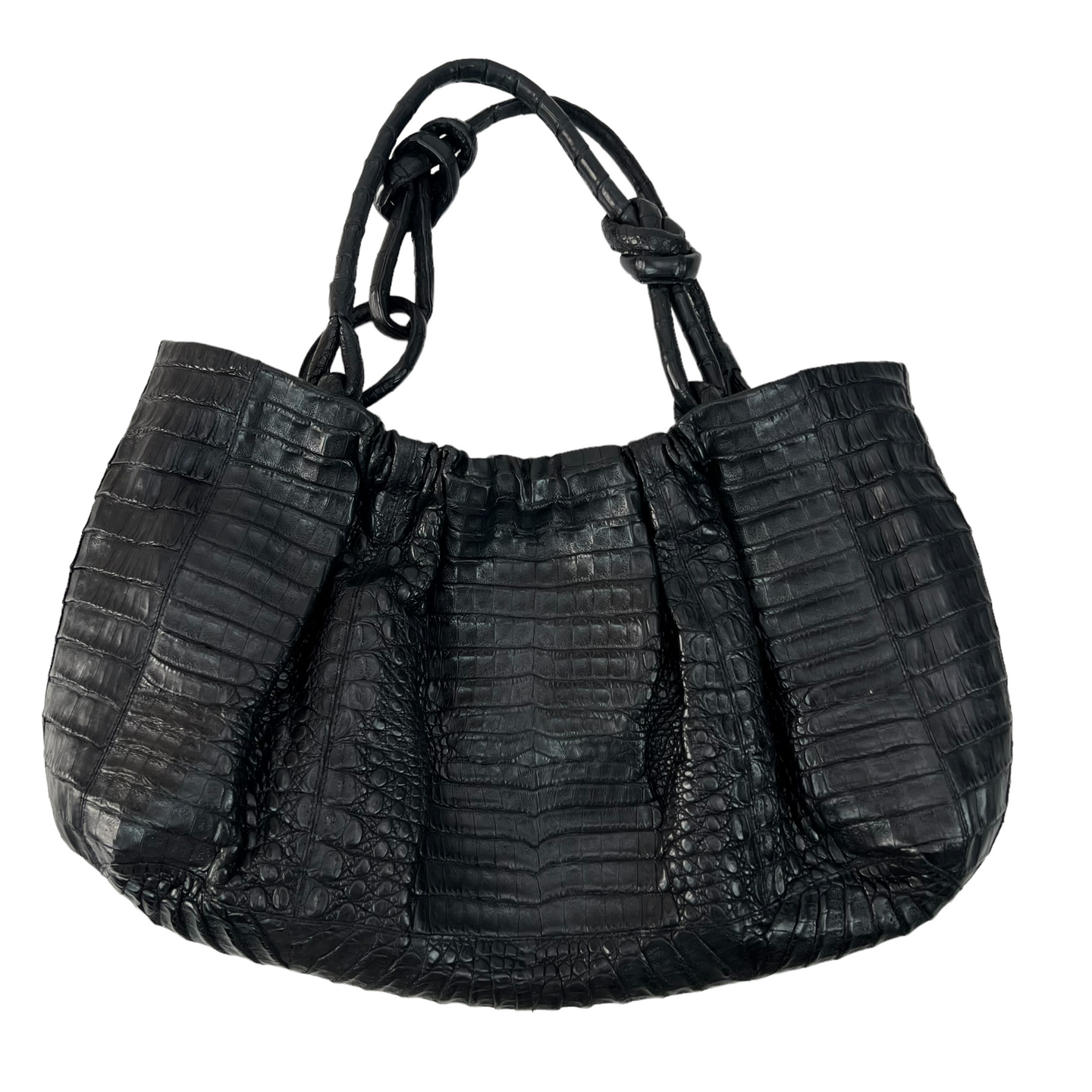 Nancy Gonzalez Black Pleated Crocodile Skin Shoulder Bag