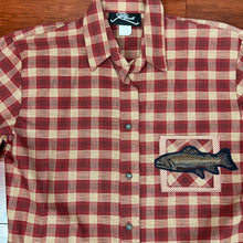 Load image into Gallery viewer, Vintage Red Plaid Button Up Shirt with Trout on Pocket 100% Cotton Size 10
