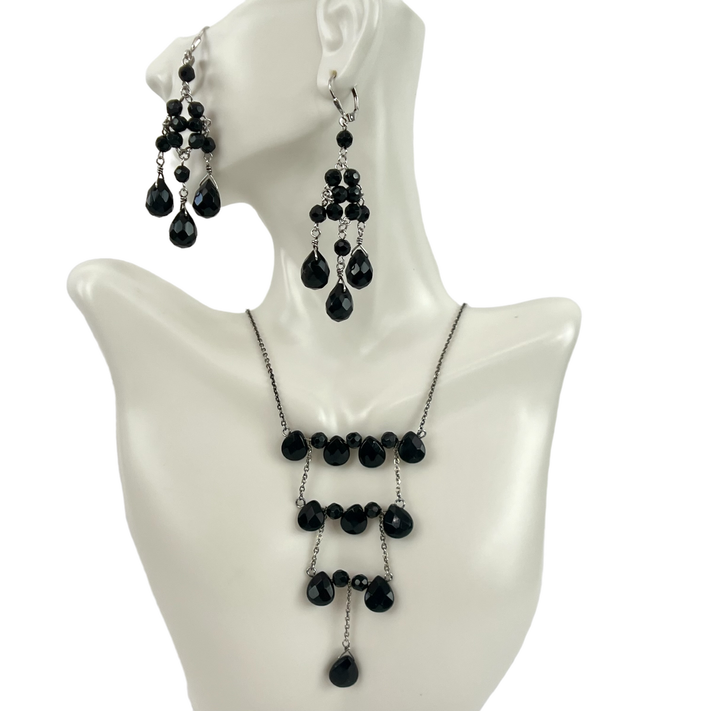 Vintage Black Faceted Stones on 925 Necklace and Earrings Set