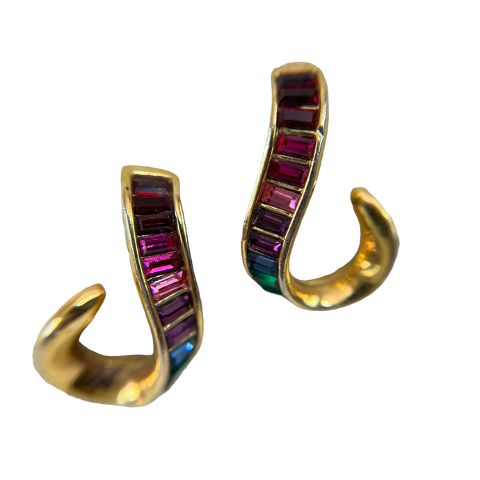 Roman Rainbow Baguette Earrings. Pierced post backing. Gold tone with Multi colored stones. 