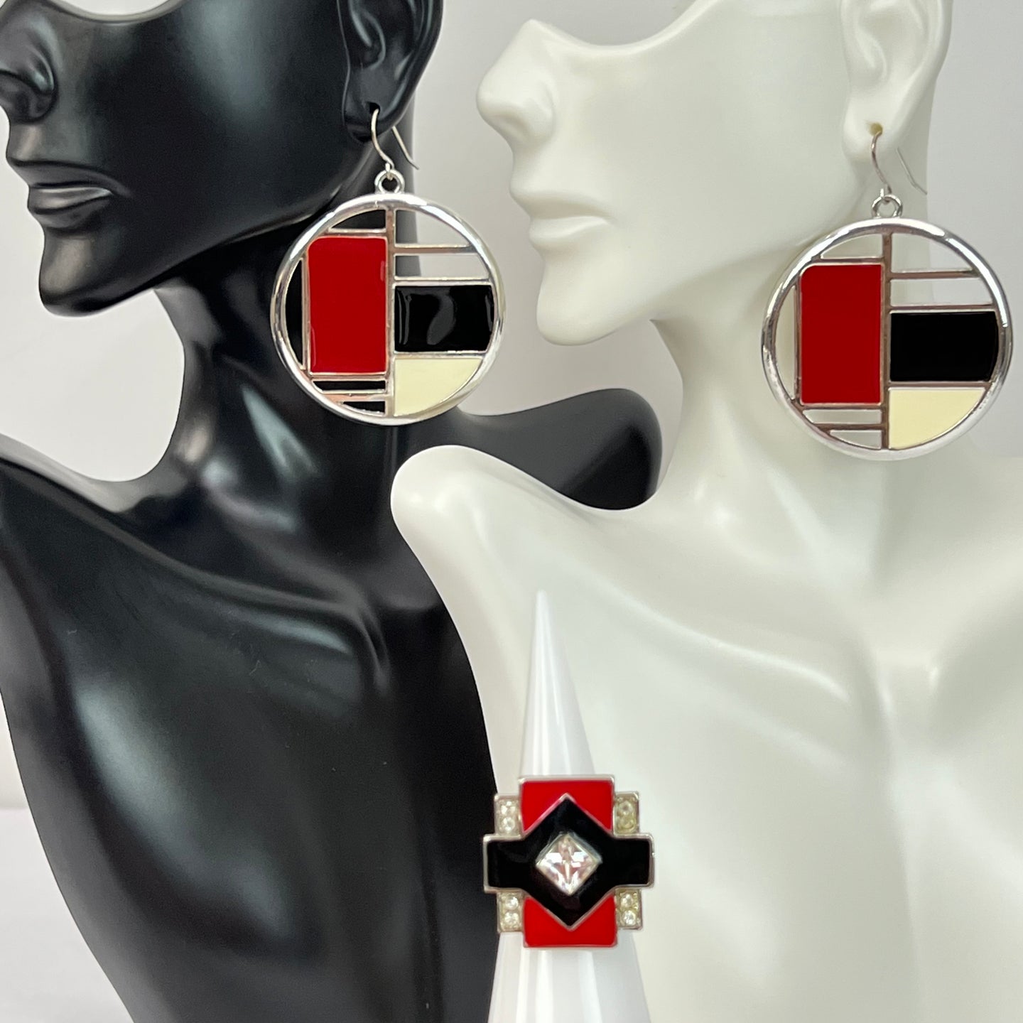80s Kenneth Jay Lane Geometric Earrings and Ring Set