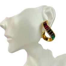 Load image into Gallery viewer, Roman Rainbow Baguette Earrings. Pierced post backing. Gold tone with Multi colored stones. 
