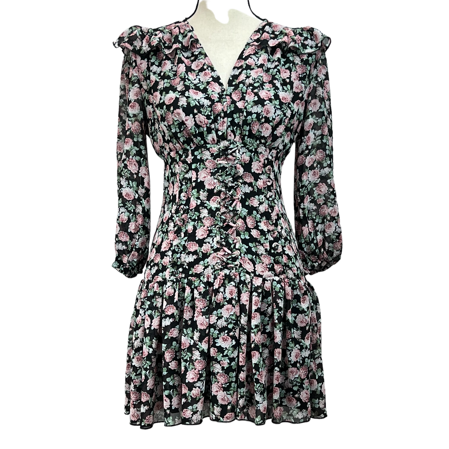Mable Floral V-neck Puff Sleeve Ruffle Dress Size Small