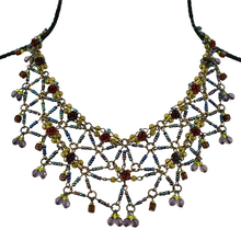 Load image into Gallery viewer, Vintage Hand Beaded Glass Bead Bib Necklace. Intricate glass beadwork featuring tiny red roses (material unknown). Luxury hand-crafted jewelry reminiscent of Colleen Toland jewelry.   Excellent condition no flaws. A timeless, lovely piece to add to a jewelry collection!  Processed within 1 business day (not included in shipping carrier’s estimated arrival time). Tracking uploaded immediately upon shipment.
