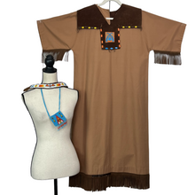 Load image into Gallery viewer, Vintage Campfire Dress. Includes seed bead leather pouch, and seed bead accessory featuring a Thunderbird, (21.5 inches long).  Measurements: Chest 42&quot;, shoulder to hem 48 inches, waste 44 inches, hips 48 inches.
