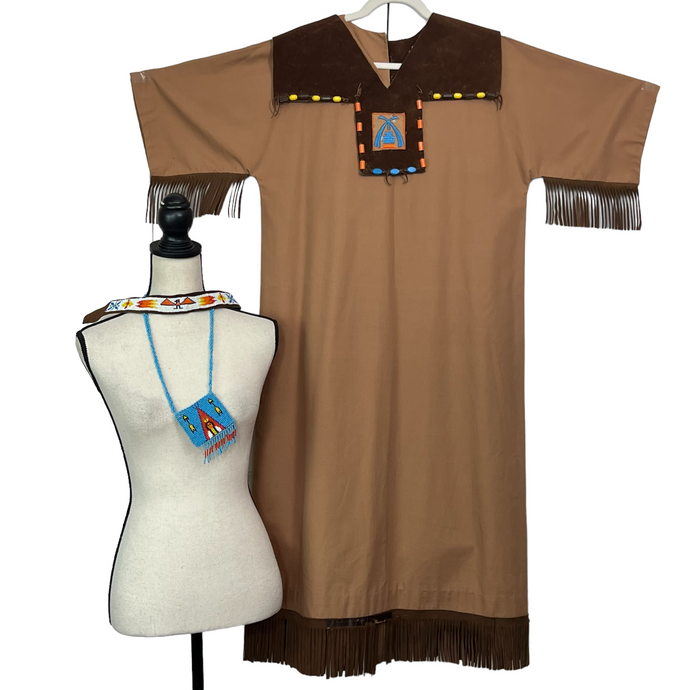 Vintage Campfire Dress. Includes seed bead leather pouch, and seed bead accessory featuring a Thunderbird, (21.5 inches long).  Measurements: Chest 42