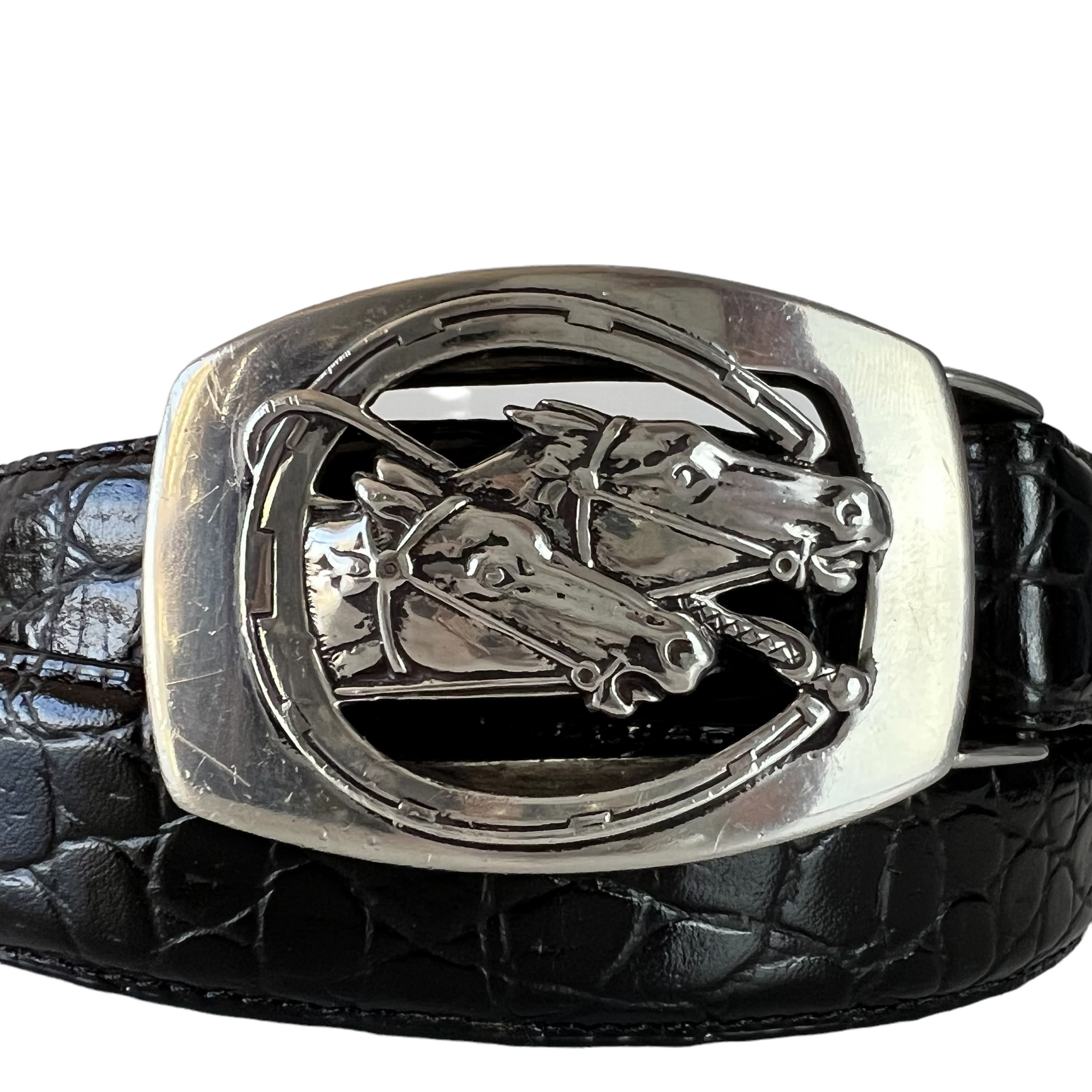 Ben Amun Silver Plate Equestrian Buckle Croc Embossed Leather Belt