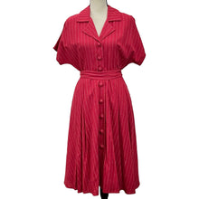 Load image into Gallery viewer, J. Peterman Fit and Flare Red Pinstripe Dress -Size 8. Shell 55% linen 45% viscose, whining 100% cotton. RN 77608. Dry clean only.  Chess 38-39 inches, waist 30 inches, shoulder to hem 43 inches.   Like new condition. 2 spare buttons tag attached.   Processed within 1 business day (not included in shipping carrier’s estimated arrival time). Tracking uploaded immediately upon shipment.
