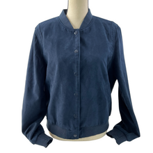 Load image into Gallery viewer, Faux Suede Bomber Jacket Navy Blue Size 16
