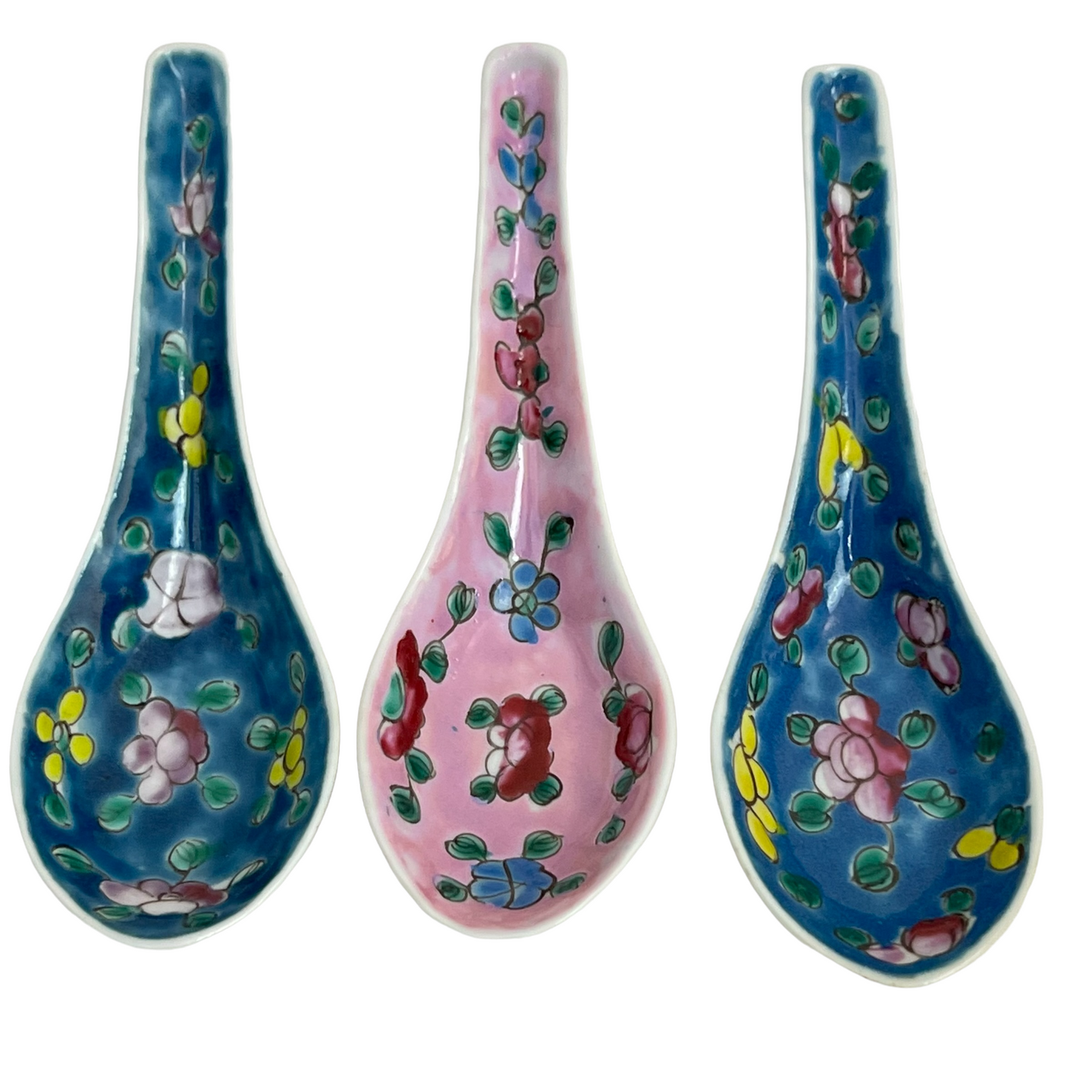 Vintage Chinese Porcelain Soup Spoons Hand Painted Enamel Flowers Set of 6