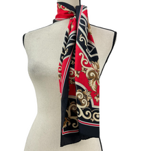 Load image into Gallery viewer, VTG Harve Benard Rectangle Silk Scarf Red black &amp; Gold 52&quot; x 10.5&quot;
